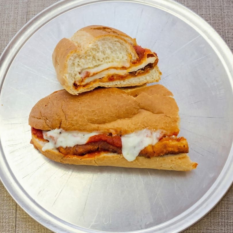 Chicken parmesan hero sandwich, cut in half, with melted mozzarella and marinara sauce on a metal tray.