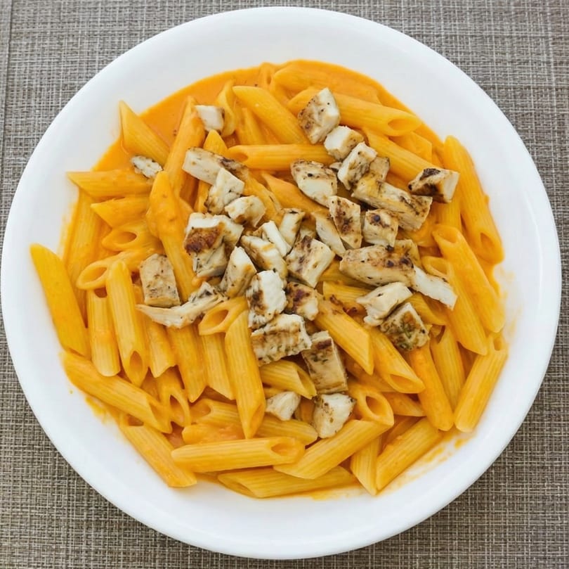 Penne pasta with creamy orange sauce and grilled chicken pieces in a white bowl.